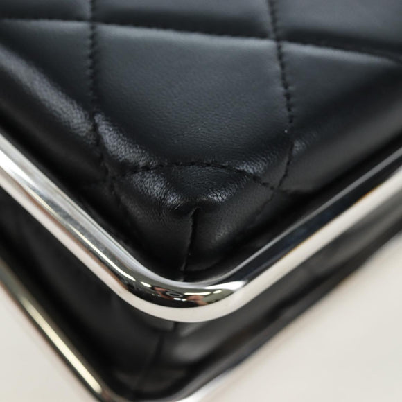CHANEL Matelasse Hand Bag Lamb Skin 2way Black Silver CC Auth 199135SM