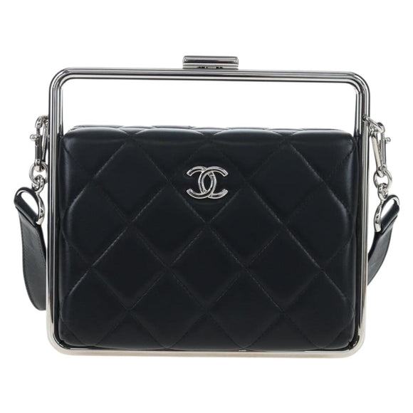 CHANEL Matelasse Hand Bag Lamb Skin 2way Black Silver CC Auth 199135SM