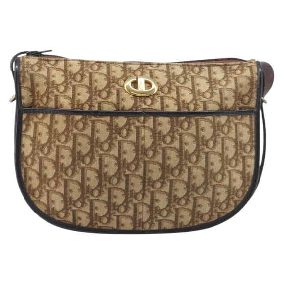 Christian Dior Trotter Canvas Shoulder Bag Beige Gold Auth 199140