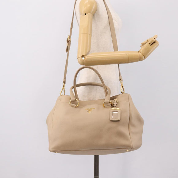 PRADA Hand Bag Vittero Dino Leather 2way Beige Gold Auth 199142V