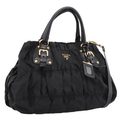 PRADA Gathered Hand Bag Nylon 2way Black Gold Auth 199147V
