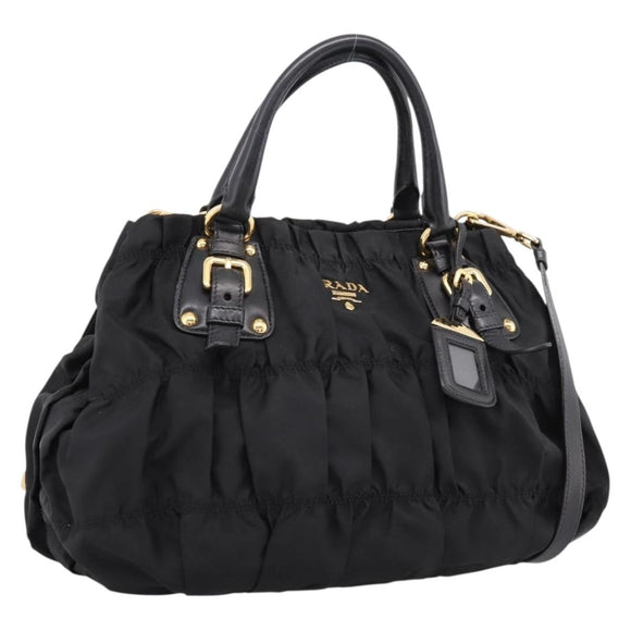 PRADA Gathered Hand Bag Nylon 2way Black Gold Auth 199147V