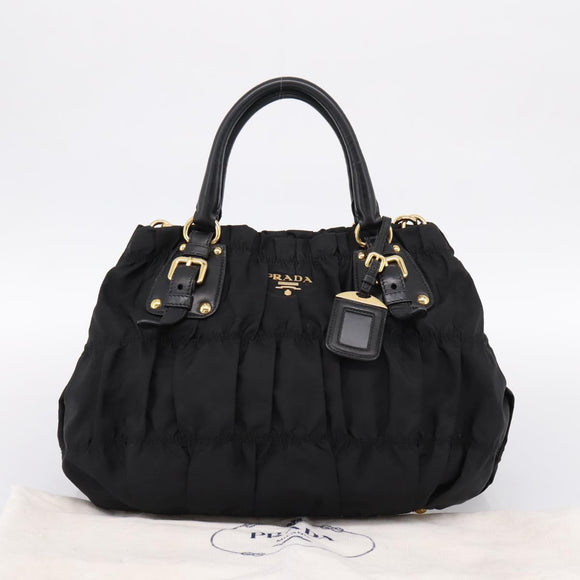 PRADA Gathered Hand Bag Nylon 2way Black Gold Auth 199147V