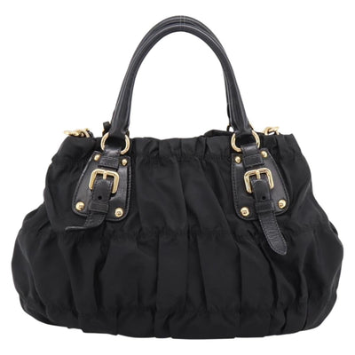 PRADA Gathered Hand Bag Nylon 2way Black Gold Auth 199147V - 0