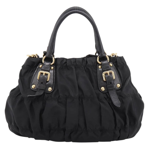PRADA Gathered Hand Bag Nylon 2way Black Gold Auth 199147V