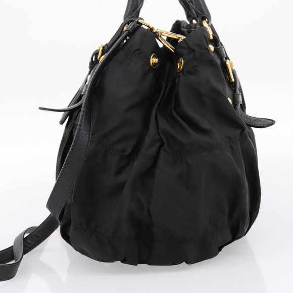 PRADA Gathered Hand Bag Nylon 2way Black Gold Auth 199147V