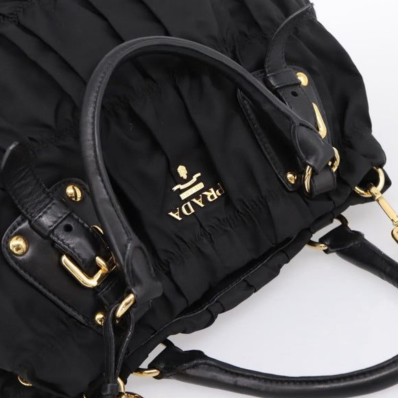 PRADA Gathered Hand Bag Nylon 2way Black Gold Auth 199147V