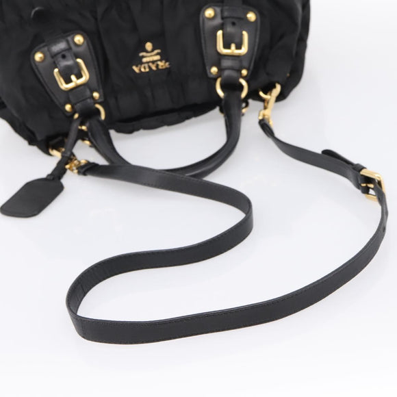 PRADA Gathered Hand Bag Nylon 2way Black Gold Auth 199147V