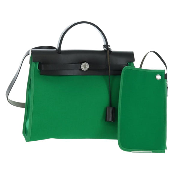 HERMES Air Zip PM Hand Bag Canvas 2way Green Silver Auth 199157SM