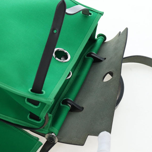 HERMES Air Zip PM Hand Bag Canvas 2way Green Silver Auth 199157SM