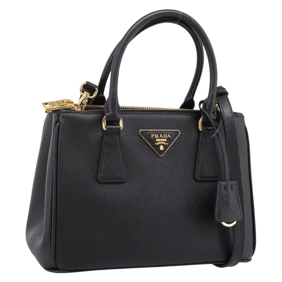 PRADA Hand Bag Saffiano 2way Black Gold Tone Auth 199176M