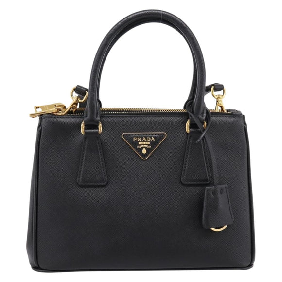 PRADA Hand Bag Saffiano 2way Black Gold Tone Auth 199176M