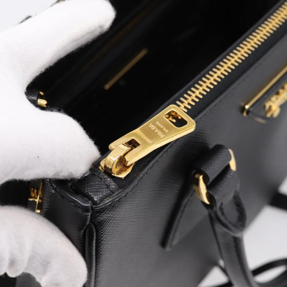 PRADA Hand Bag Saffiano 2way Black Gold Tone Auth 199176M