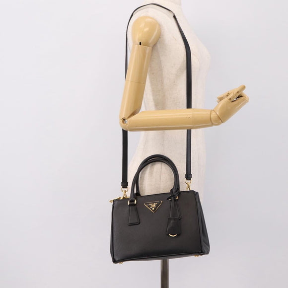 PRADA Hand Bag Saffiano 2way Black Gold Tone Auth 199176M