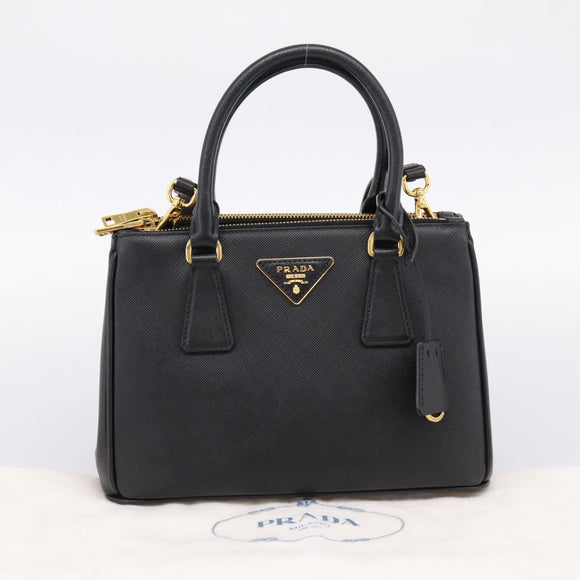 PRADA Hand Bag Saffiano 2way Black Gold Tone Auth 199176M