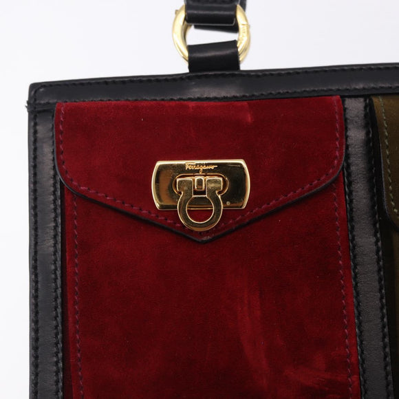Salvatore Ferragamo Gancini Hand Bag Suede Black Gold Auth 199179V
