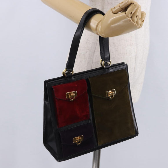 Salvatore Ferragamo Gancini Hand Bag Suede Black Gold Auth 199179V