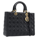 Christian Dior Lady Dior Canage Hand Bag Lamb Skin 2way Black Gold Auth 199180M-1