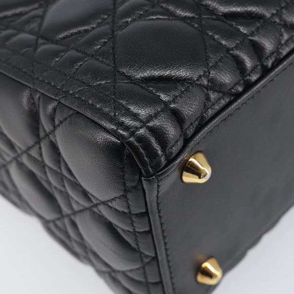 Christian Dior Lady Dior Canage Hand Bag Lamb Skin 2way Black Gold Auth 199180M