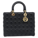 Christian Dior Lady Dior Canage Hand Bag Lamb Skin 2way Black Gold Auth 199180M-13