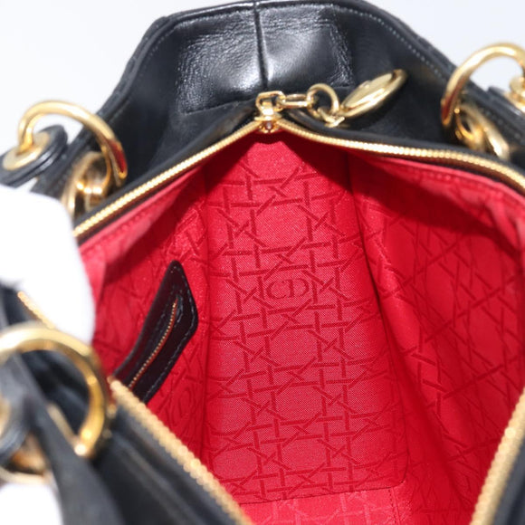 Christian Dior Lady Dior Canage Hand Bag Lamb Skin 2way Black Gold Auth 199180M
