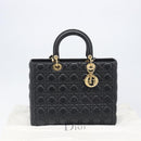 Christian Dior Lady Dior Canage Hand Bag Lamb Skin 2way Black Gold Auth 199180M-12