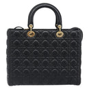 Christian Dior Lady Dior Canage Hand Bag Lamb Skin 2way Black Gold Auth 199180M-2