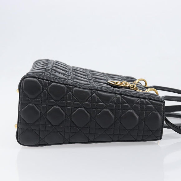 Christian Dior Lady Dior Canage Hand Bag Lamb Skin 2way Black Gold Auth 199180M