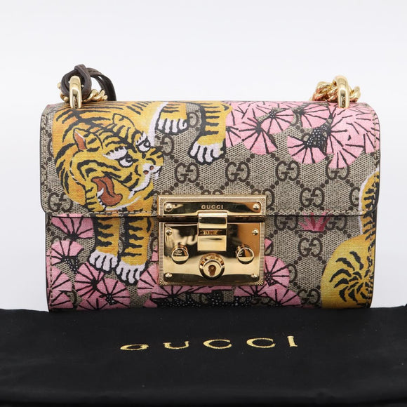 GUCCI GG Supreme Chain Shoulder Bag PVC Beige Gold 409487 Auth 199195SAM