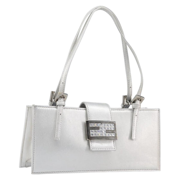 FENDI Mamma Baguette Hand Bag Leather Silver Auth 199212SAV