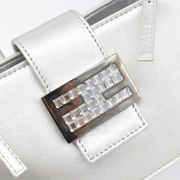 FENDI Mamma Baguette Hand Bag Leather Silver Auth 199212SAV