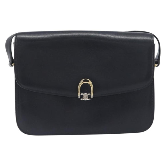 CELINE Shoulder Bag Leather Black Gold Auth 199214