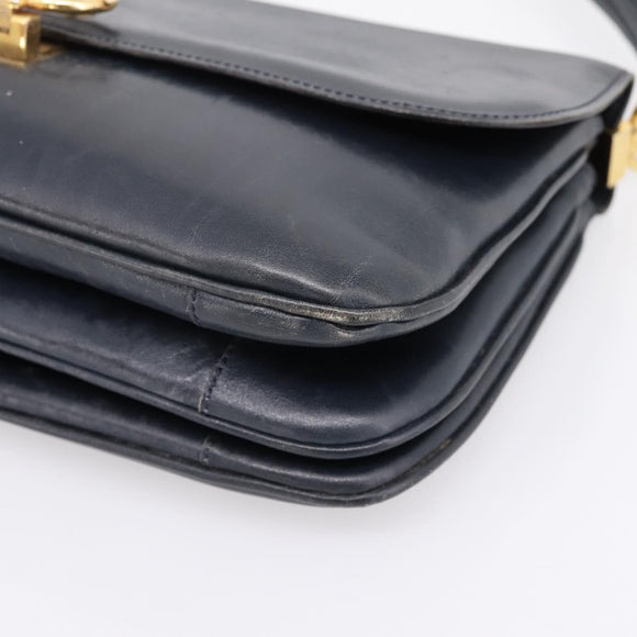 CELINE Horse Carriage Shoulder Bag Leather Navy Gold Auth 199215