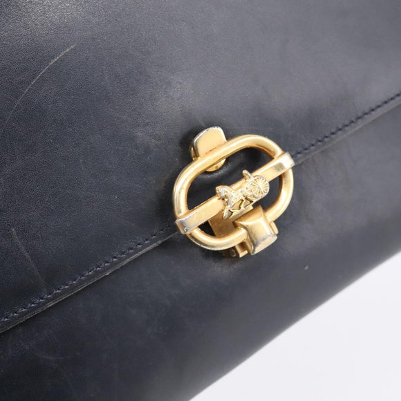 CELINE Horse Carriage Shoulder Bag Leather Navy Gold Auth 199215