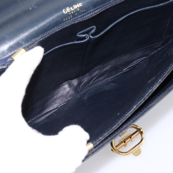 CELINE Horse Carriage Shoulder Bag Leather Navy Gold Auth 199215