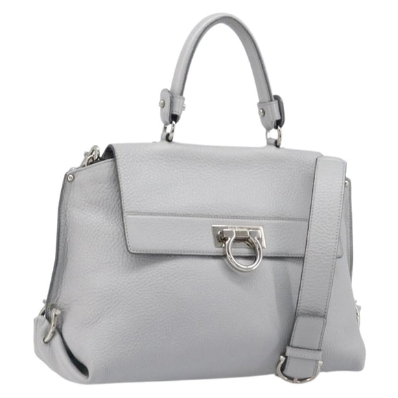 Salvatore Ferragamo Sofia Gancini Hand Bag Leather 2way Gray Silver Auth 199218V