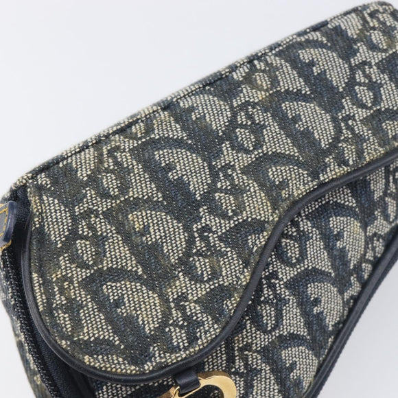 Christian Dior Trotter Canvas Saddle Pouch Navy Gold Auth 199228