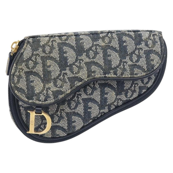 Christian Dior Trotter Canvas Saddle Pouch Navy Gold Auth 199228