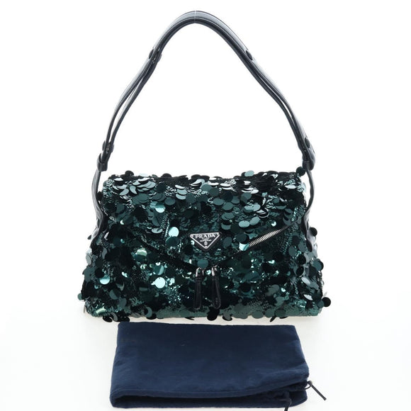 PRADA Shoulder Bag Sequin Green Silver Auth 199336SM