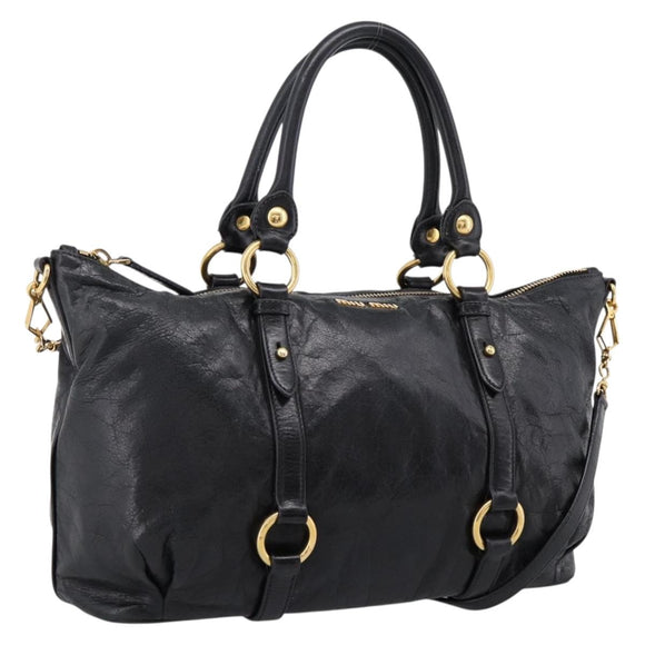 Miu Miu Vittello Shine Hand Bag Leather 2way Black Gold Tone Auth 199341V