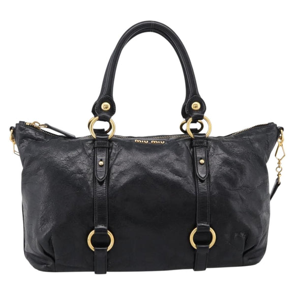 Miu Miu Vittello Shine Hand Bag Leather 2way Black Gold Tone Auth 199341V