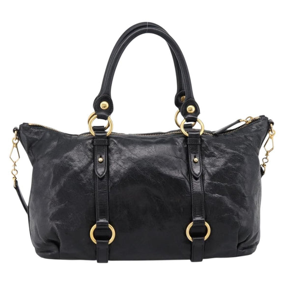 Miu Miu Vittello Shine Hand Bag Leather 2way Black Gold Tone Auth 199341V