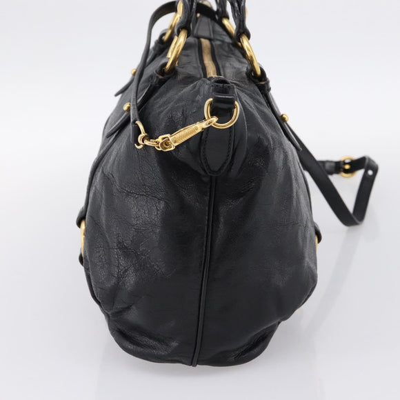 Miu Miu Vittello Shine Hand Bag Leather 2way Black Gold Tone Auth 199341V