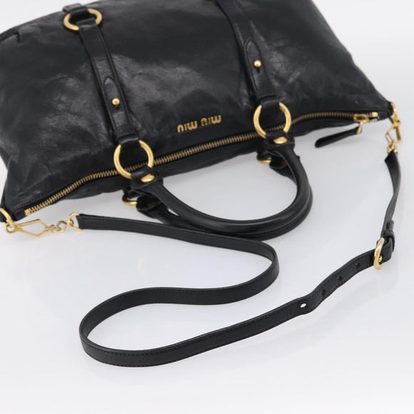 Miu Miu Vittello Shine Hand Bag Leather 2way Black Gold Tone Auth 199341V