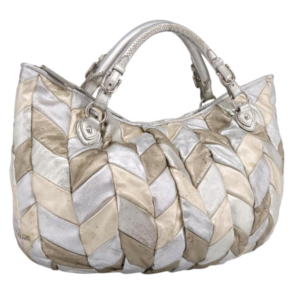 Miu Miu Tote Bag Leather Silver Gold Auth 199356A