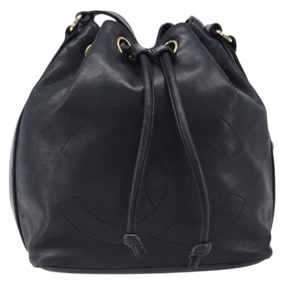 CHANEL Drawstring Chain Shoulder Bag Lamb Skin Black Gold Tone CC Auth 199358V