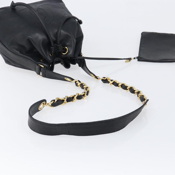 CHANEL Drawstring Chain Shoulder Bag Lamb Skin Black Gold Tone CC Auth 199358V