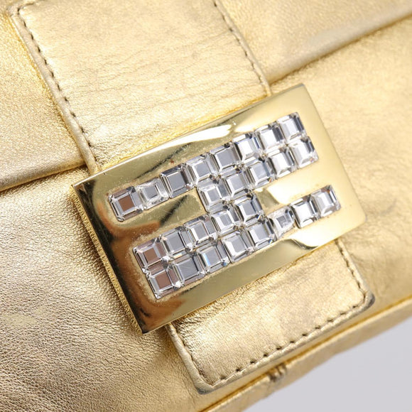 FENDI Mamma Baguette Shoulder Bag Leather Gold Silver Auth 199367A