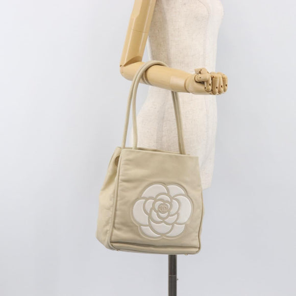 CHANEL Camelia Tote Bag Lamb Skin Beige Gold Tone CC Auth 199382V