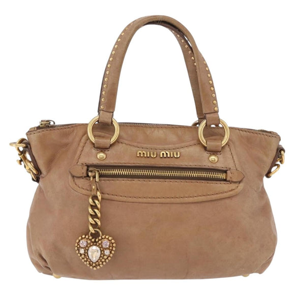 Miu Miu Hand Bag Leather 2way Beige Gold Auth 199396A
